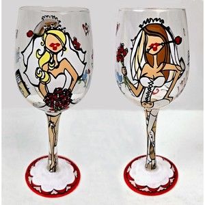 Bottoms Up 95 And Sunny Bride to Be Wine Glass 15 oz Hand Painted New In Box